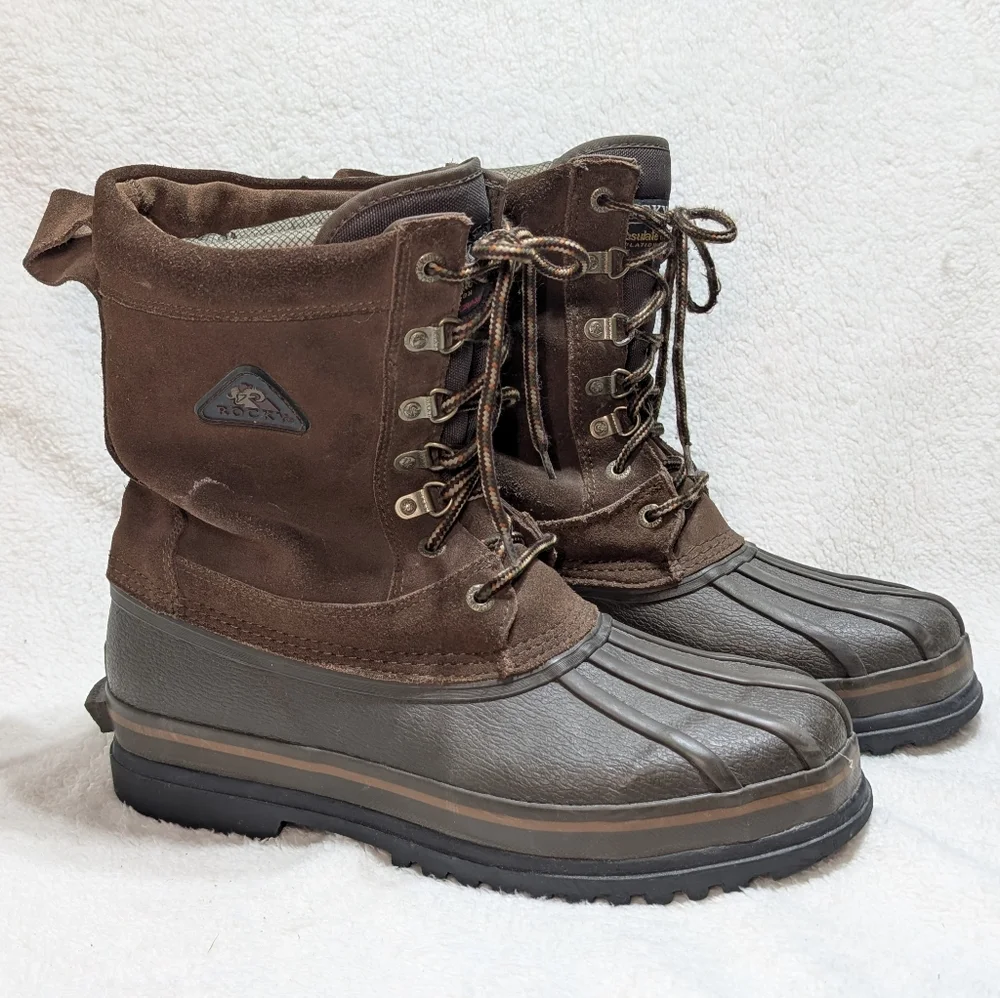 Rocky Mens 10 Brown Leather Insulated Hunting Winter Duck Boots 7758 Steel Shank